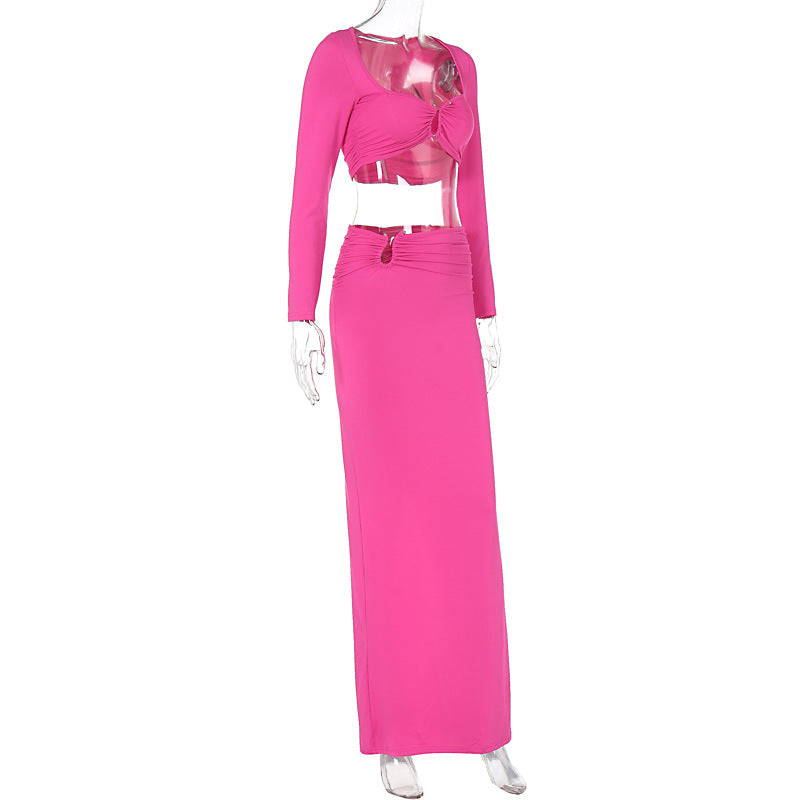 Women Clothing Summer Popular Sexy Bandeau Long Sleeve Back Slit Skirt Set
