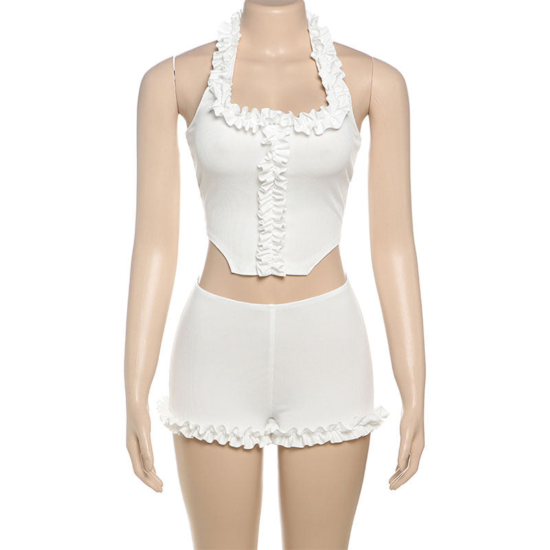 Spring Summer Women Clothing Solid Color Sexy Ruffles Halterneck Vest Slim Fit Base Shorts Two Piece Set