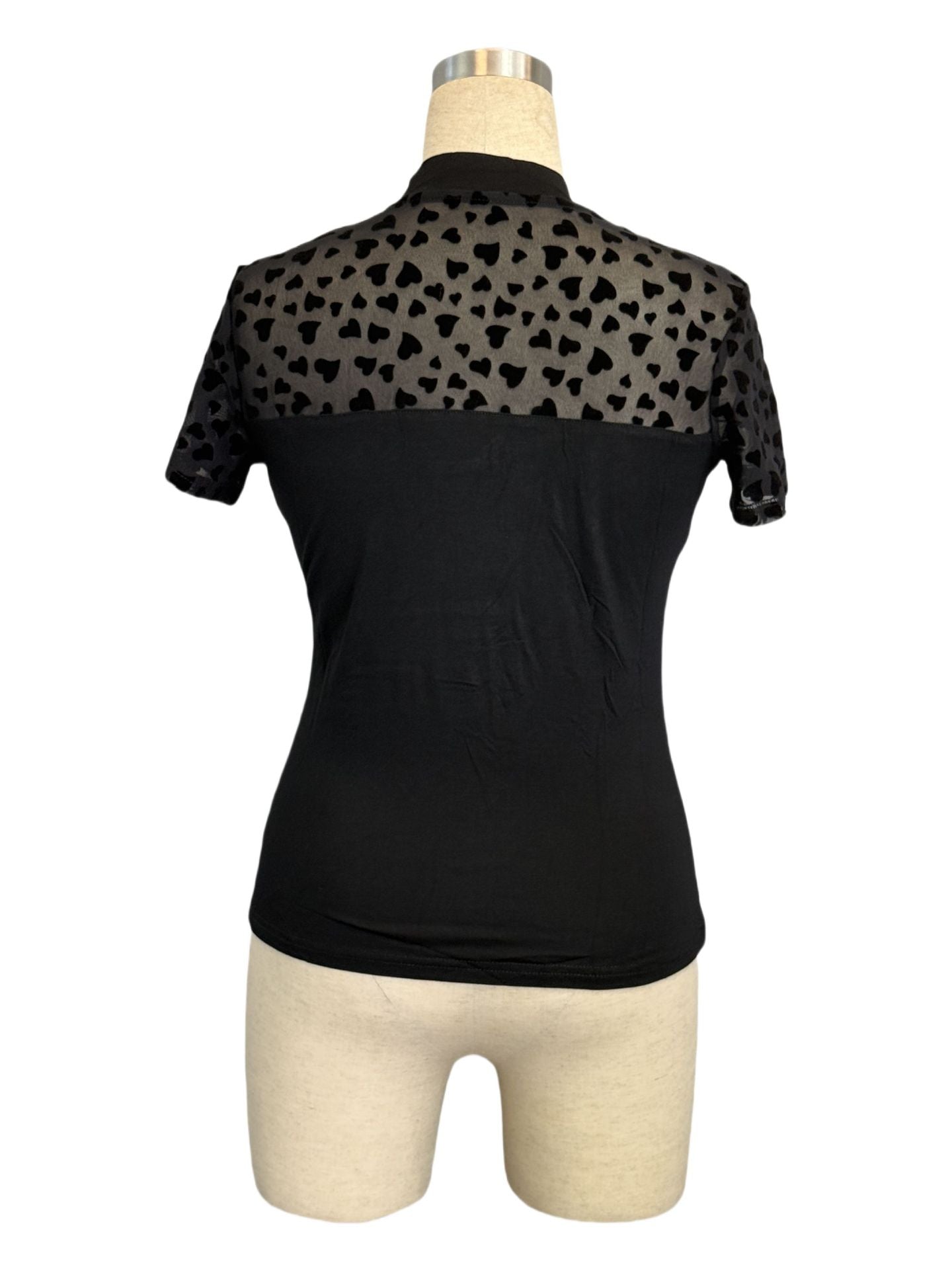 Mesh Heart Shaped Multi Part Short Sleeve Small Stand Collar Slim T shirt Top Women Sexy