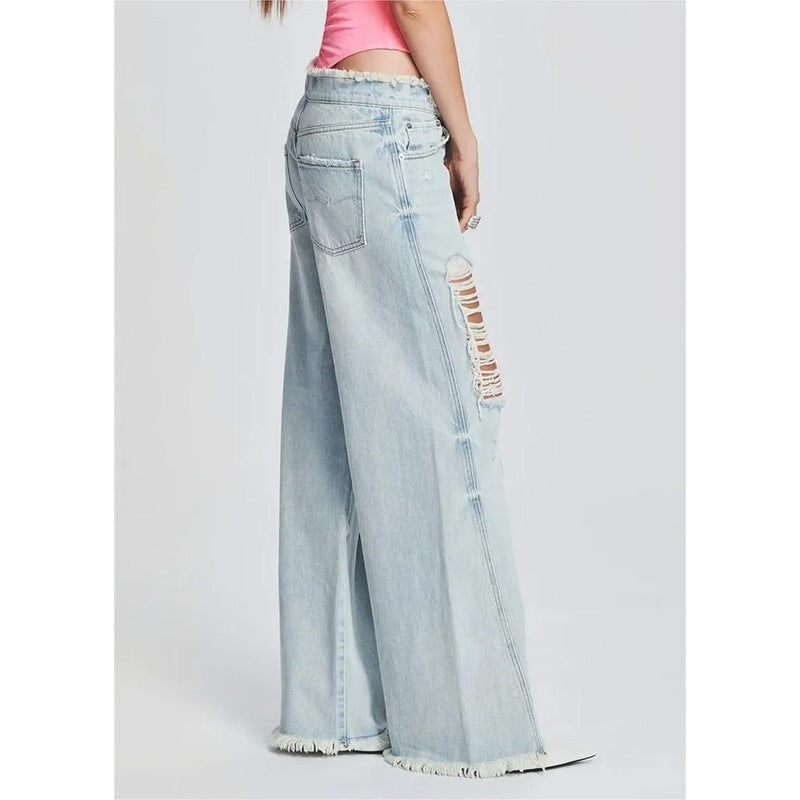 Ladies Jeans Ripped Irregular Asymmetric Side Turn Waist Wide Leg Trousers Women
