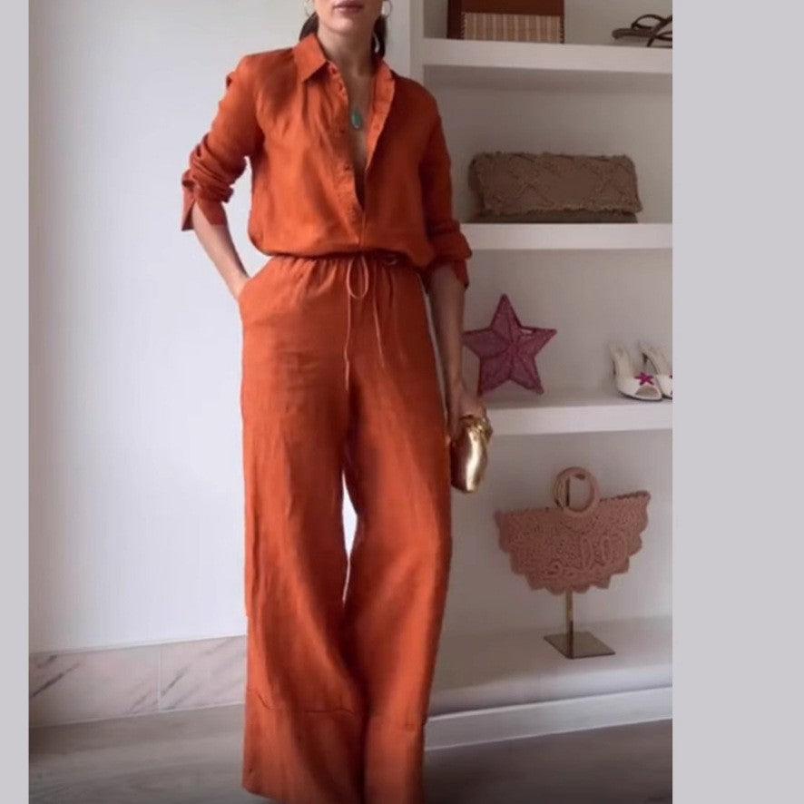 Solid Color Shirt Pocket Trousers Casual Lace up Two Piece Sets Women