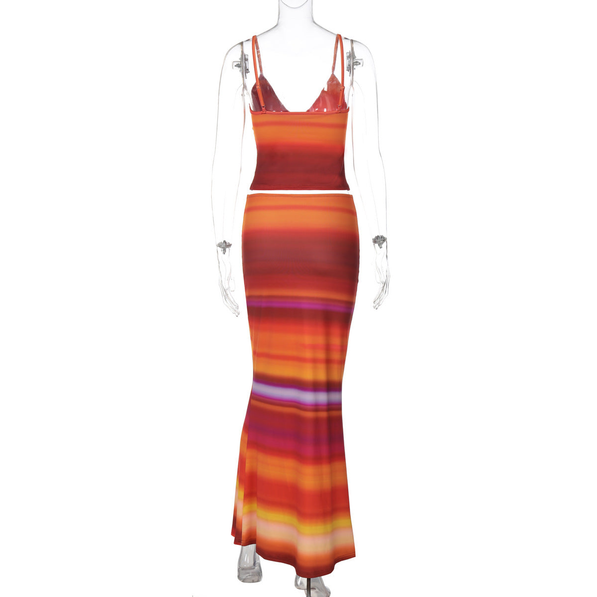 Women Clothing Summer Printing V neck Sling Vest Slim Slimming Sheath Skirt Set