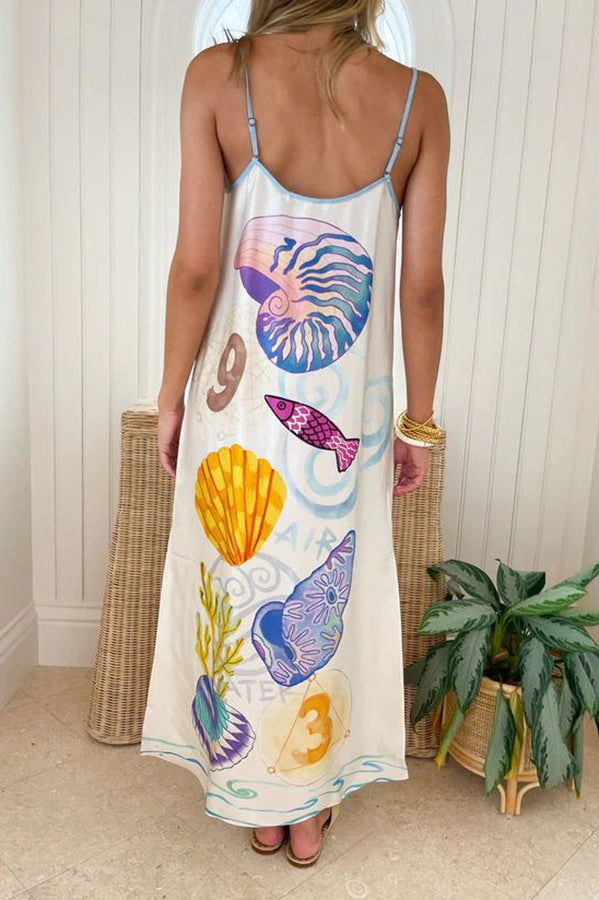 Summer Cool Printed Sling Satin Vacation Loose Dress Women