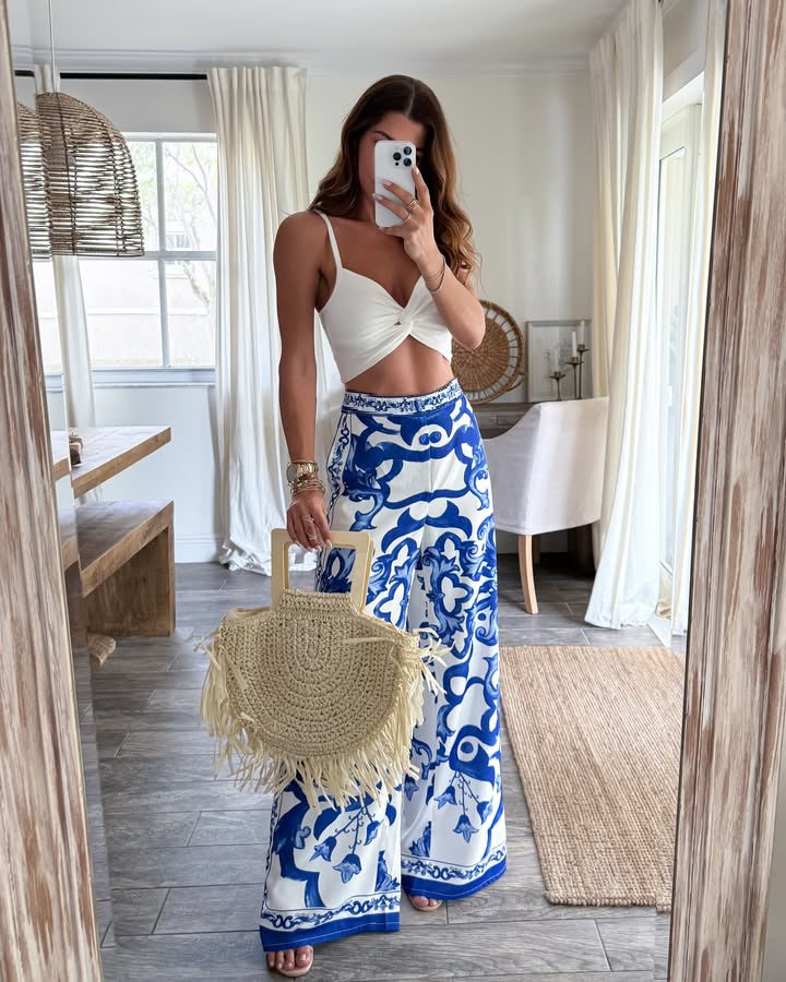 Summer Blue White Porcelain Positioning Printing Casual Wide Leg Straight Pants Women