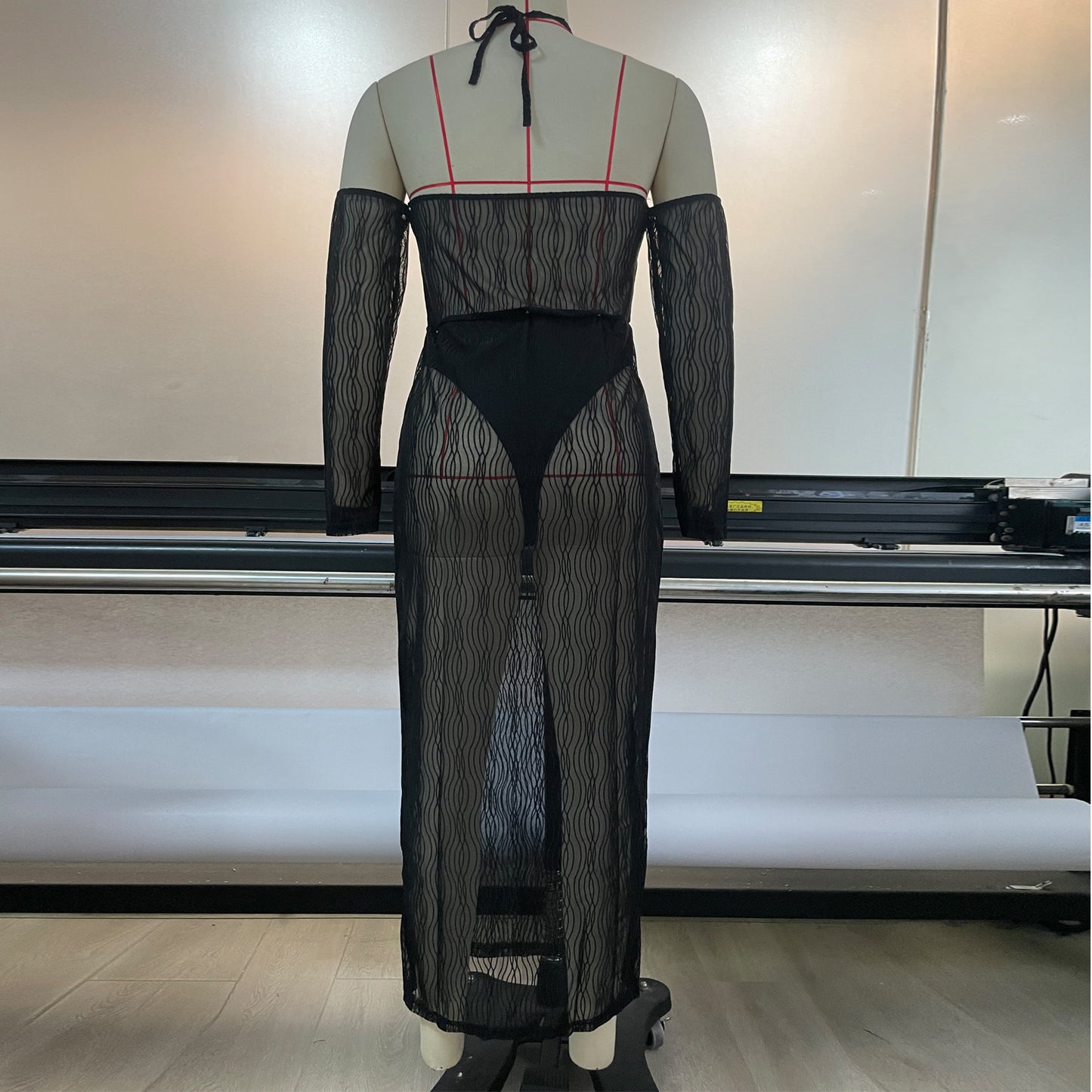 Spring Summer Mesh Halter Dress Women Blouse See through Sexy Cutout Stitching Hip Maxi Dress