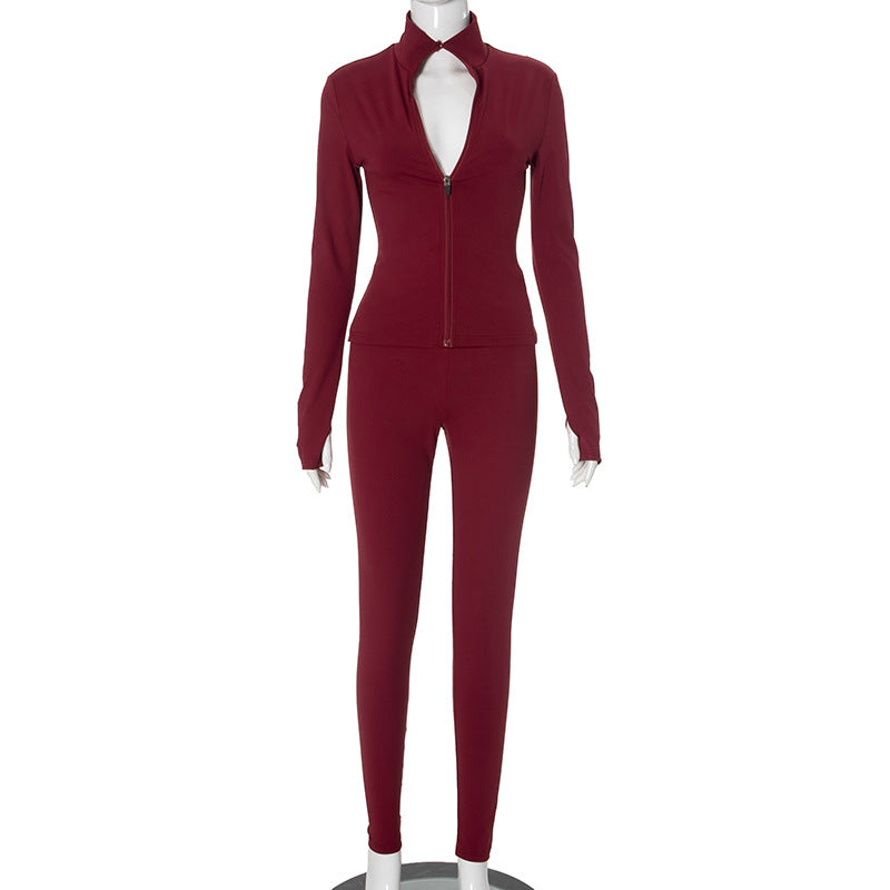 Solid Color Stand Collar Cardigan Tight Trousers Casual Yoga Clothes Sets