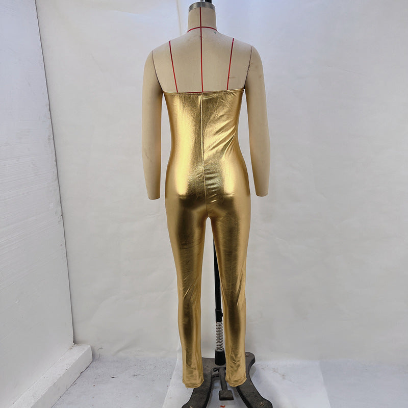 Metallic Coated Fabric Women Clothing Autumn Winter Sexy Tube Top Jumpsuit Trousers Women Overall