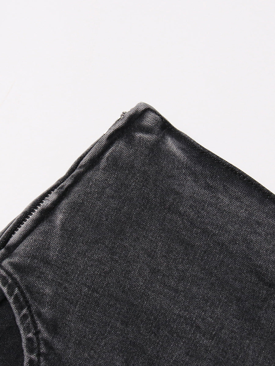 Personality Street Denim Stitching Shorts Autumn High Waist Irregular Asymmetric Washed Worn Jeans Women