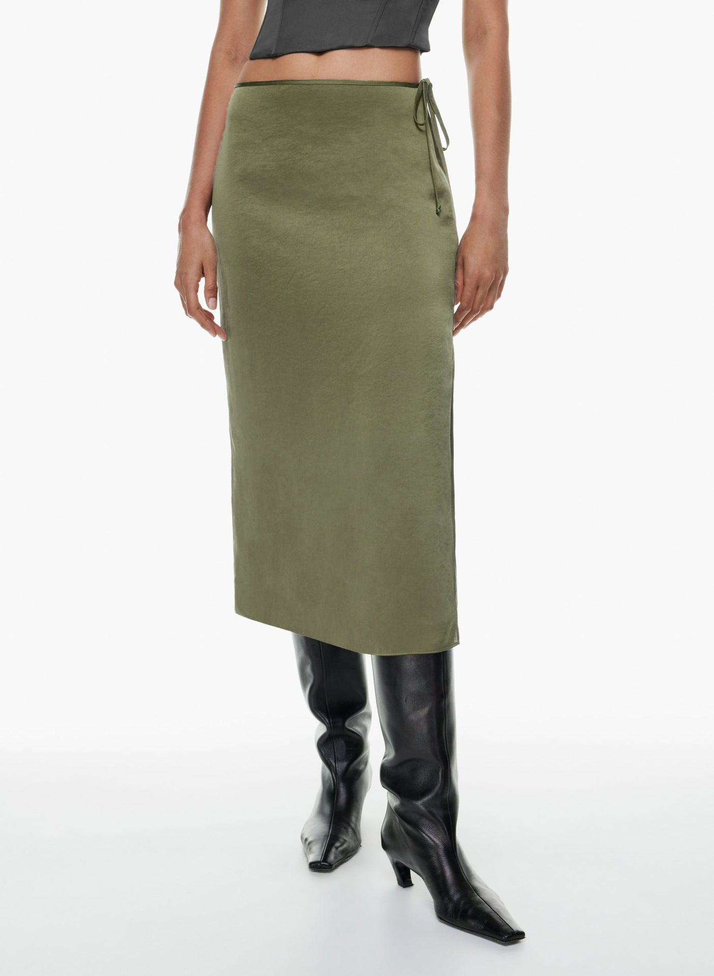 Women Clothing Lace Up Satin Skirt High Waist Slit Straight Skirt Solid Color Maxi Dress Women
