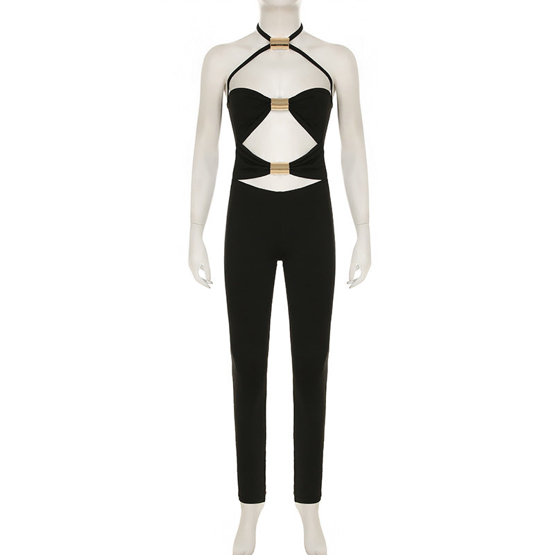 Sexy Women Wear Metal Tube Stitching Hollow Out Cutout out Tight One Piece Trousers Street Skinny Pants Spring