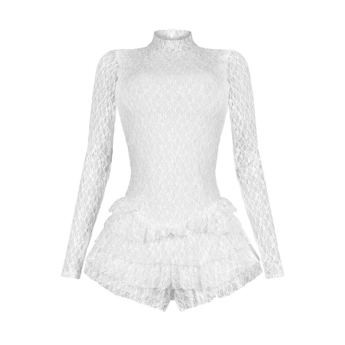 Women Clothing Sexy Lace Long Sleeve Shorts Wooden Ear Backless Jumpsuit