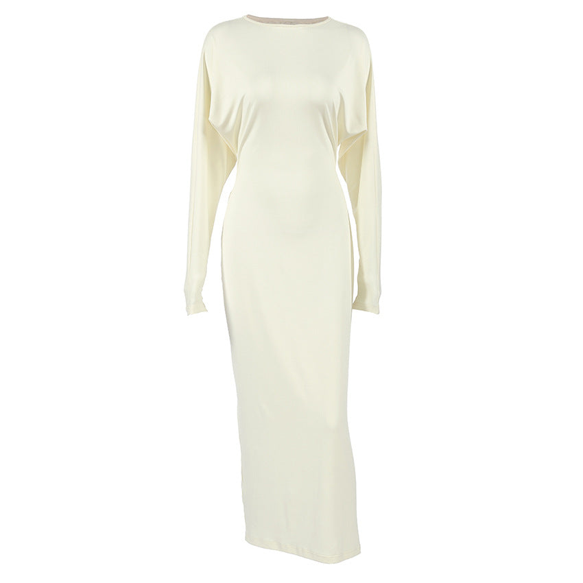 Design Backless Hollow Out Cutout out Dress Autumn Crew Neck Long Sleeve Gentle Simple Hip Dress