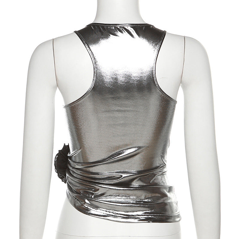 Metallic Coated Fabric Women Clothing Summer Women Clothing Solid Color Sexy Floral off Shoulder Vest for Women
