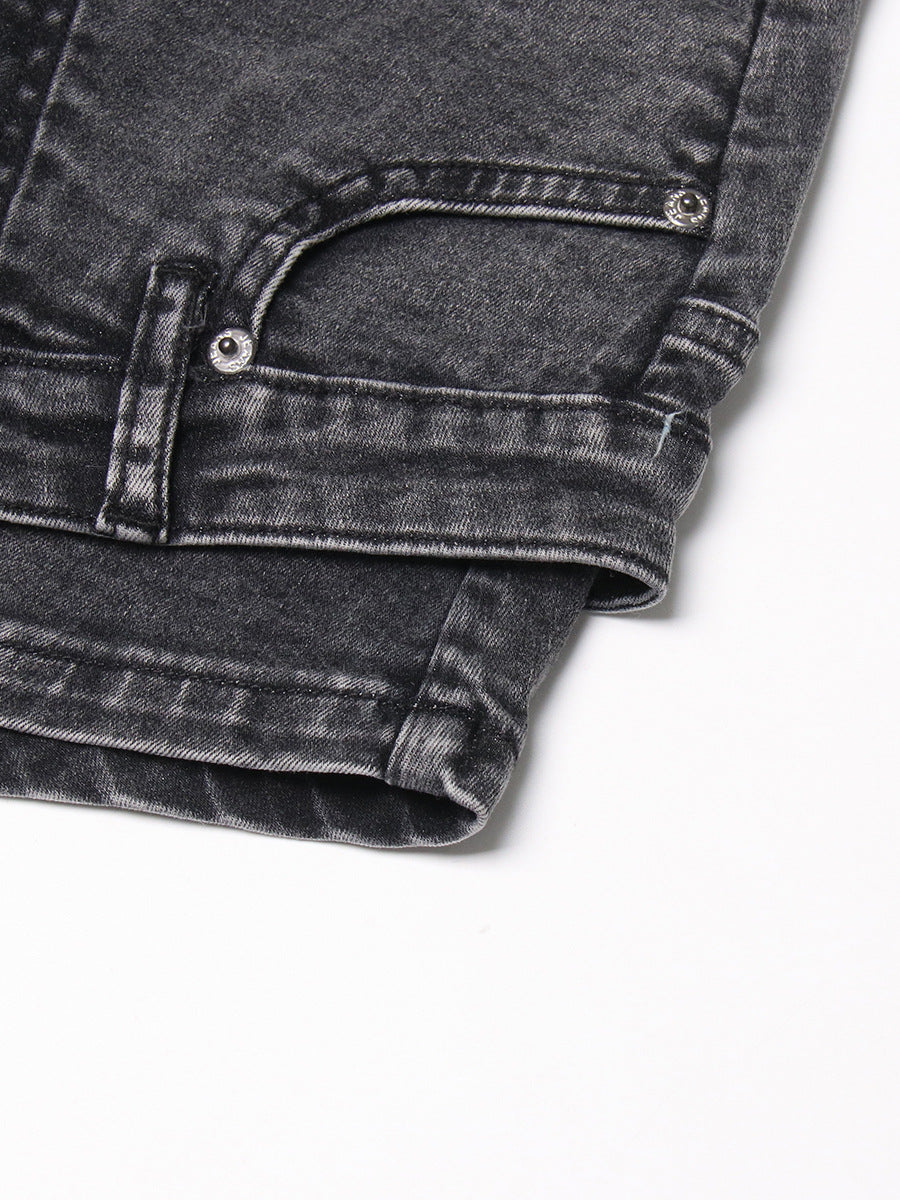 Personality Street Denim Stitching Shorts Autumn High Waist Irregular Asymmetric Washed Worn Jeans Women