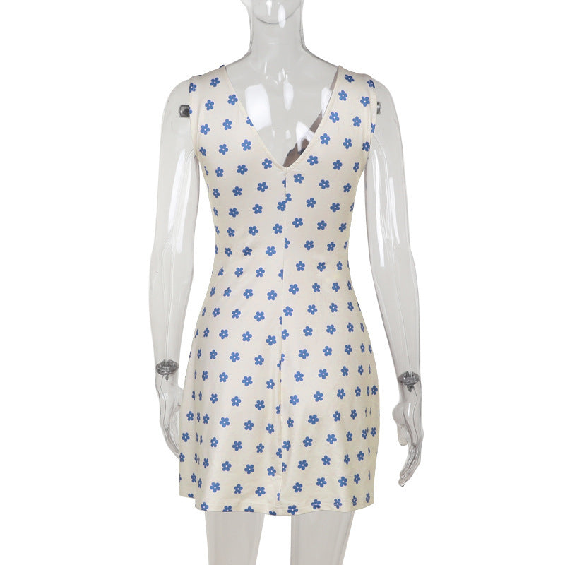 Summer Internet Celebrity Casual Sexy Print V neck Holiday Dress Women