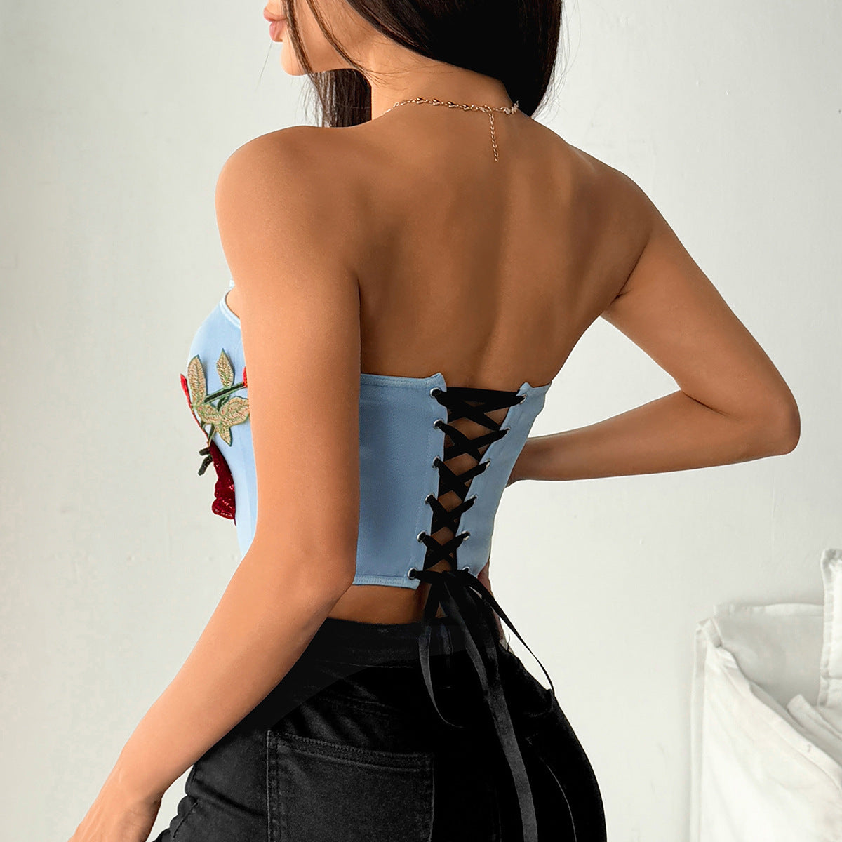 Sexy Denim Stitching Rose Floral Bandeau Sexy Boning Corset Shaping Lace up Top