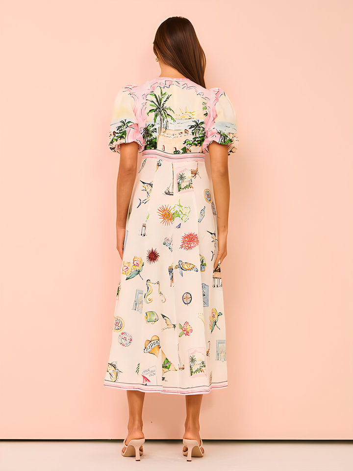 Summer Casual Printed Cotton Linen Round Neck Short Sleeve Dress Women Amplified craft