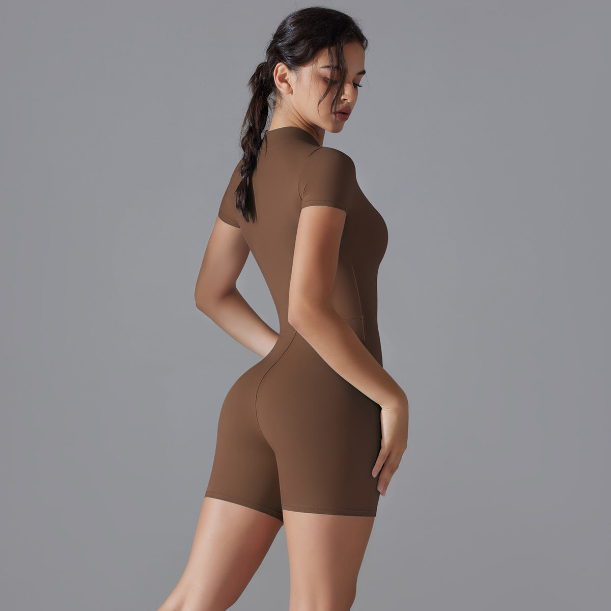 Summer Solid Color Zipper Short Sleeve Slim Fit Yoga Wear One Piece Women Dance Fitness Tight Sports Jumpsuit
