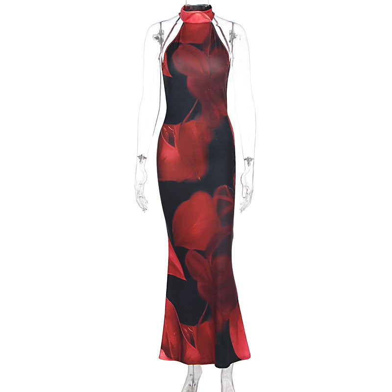 Summer Women Clothing Sexy Print Backless Slim Fit Tight Waist Hip Bag Dress