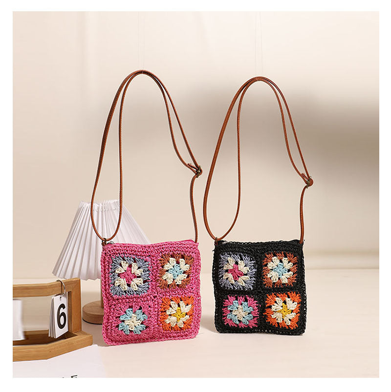 Hollow Out Cutout Floral Crossbody Straw Bag Retro Square Straw Bag Woven Bag Vacation Beach Bag All Match Shoulder Bag