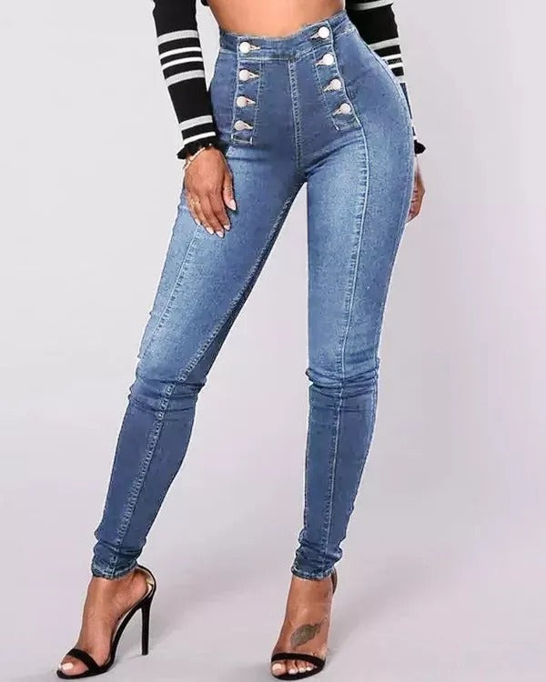 High Waist Casual Jeans Trousers Trendy Double Row Multi Button Slim Stretch Jeans Women