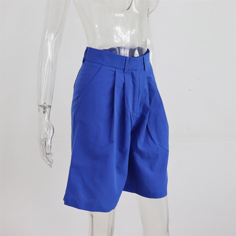 Summer Shorts Women Flanging Pocket Zipper Hidden Hook Solid Color Casual Pants Straight Blazer Shorts