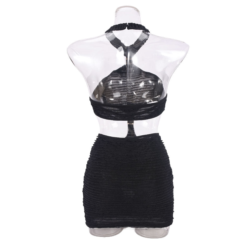 Spring Summer Cropped Outfit Hollow Out Cutout out Halter Wrapped Chest Metal Buckle Sexy Dress