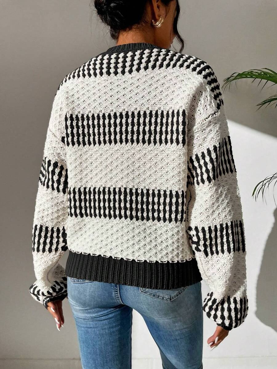 Women Clothing Autumn Winter Casual Loose Sweater Contrast Color Striped Stitching Sweater