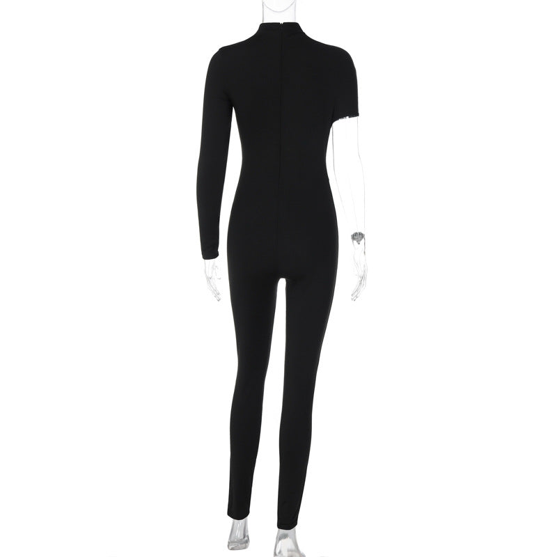 Women Clothing Autumn Sexy Personalized High Elastic Shoulder Long Sleeve Jumpsuit