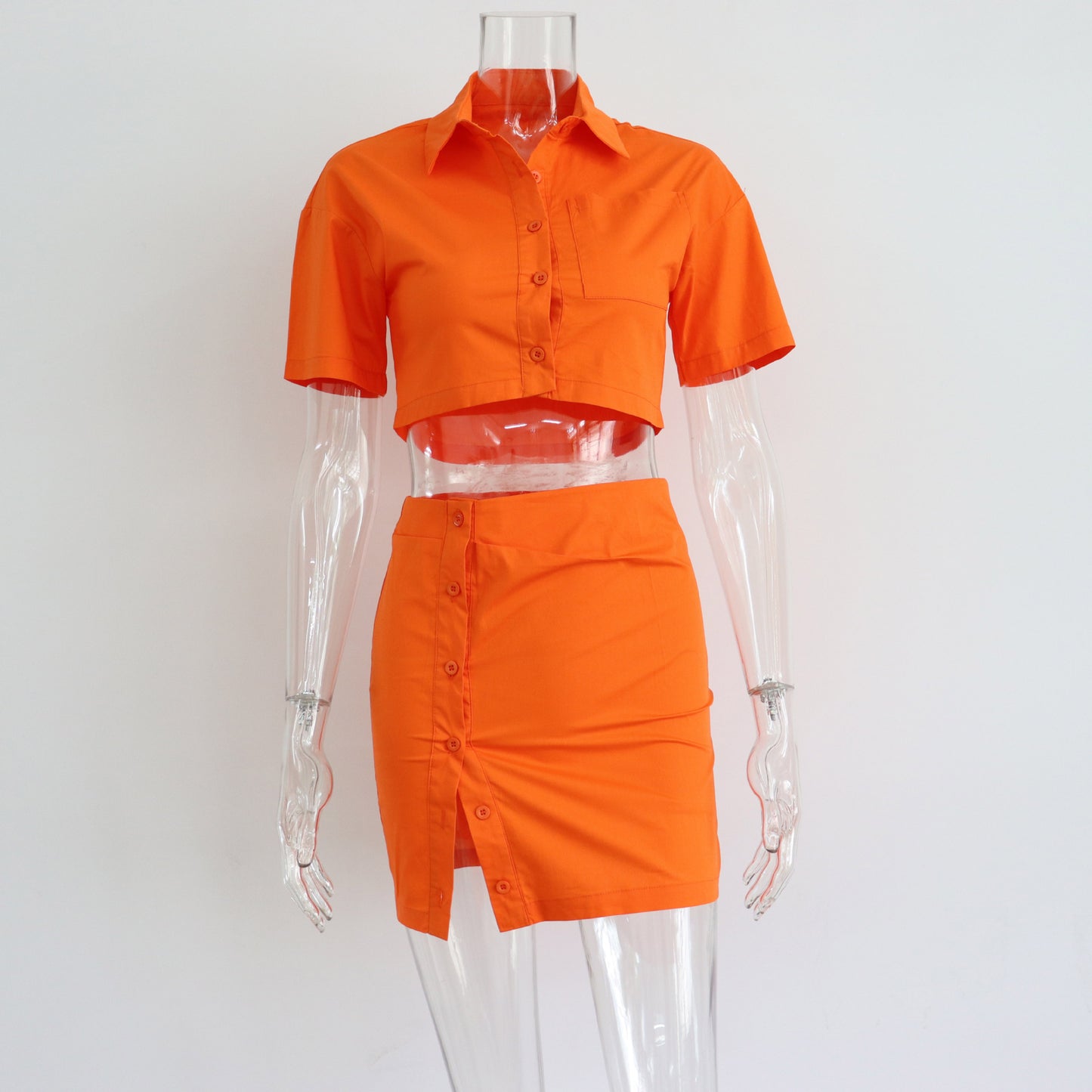 Spring Summer Two Piece Set Sexy Collared High Waist Short Sleeve Shirt Outfit