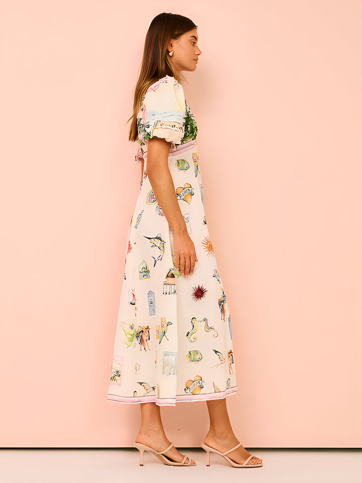 Summer Casual Printed Cotton Linen Round Neck Short Sleeve Dress Women Amplified craft