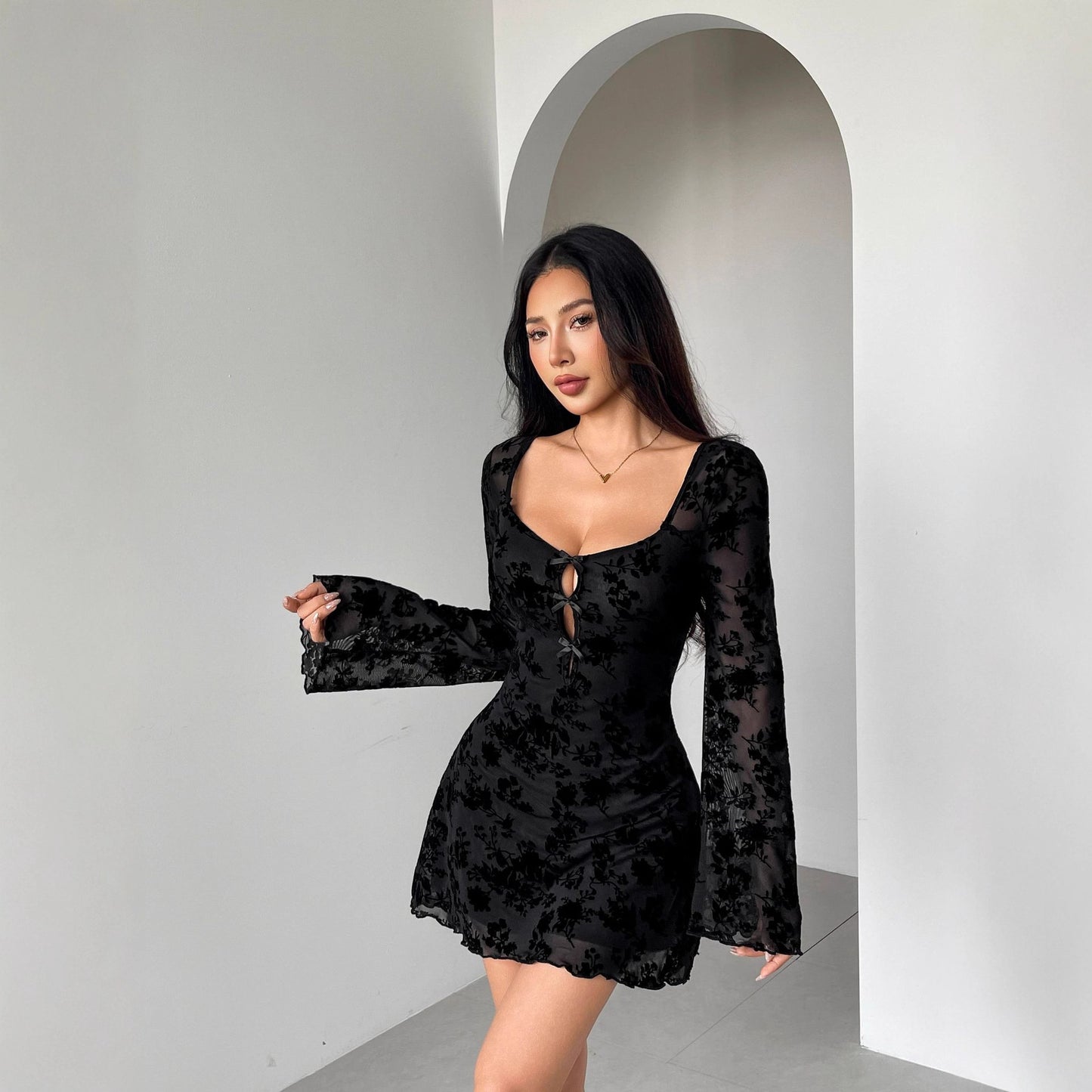 Fall Dress Flocking Long Sleeve Floral Hollow Out Cutout Bow Women Clothing