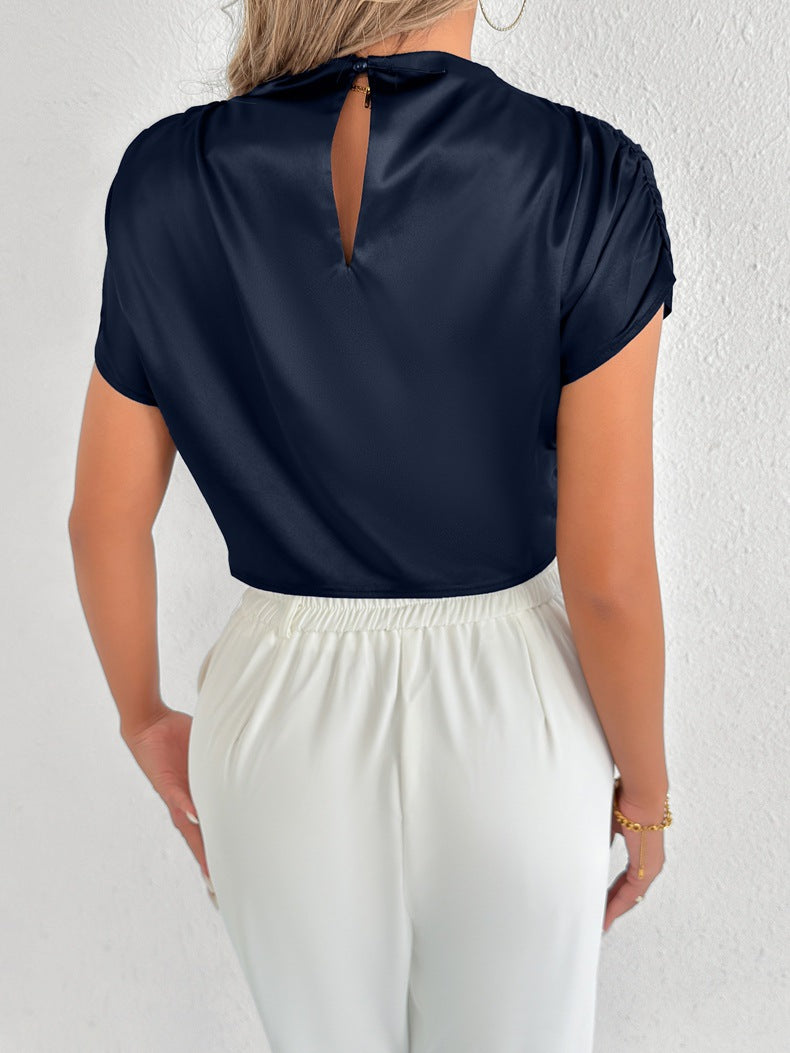 Real Shot Women Clothing High Sense Summer Satin Shirt Satin Shirt Short Sleeve Shirt