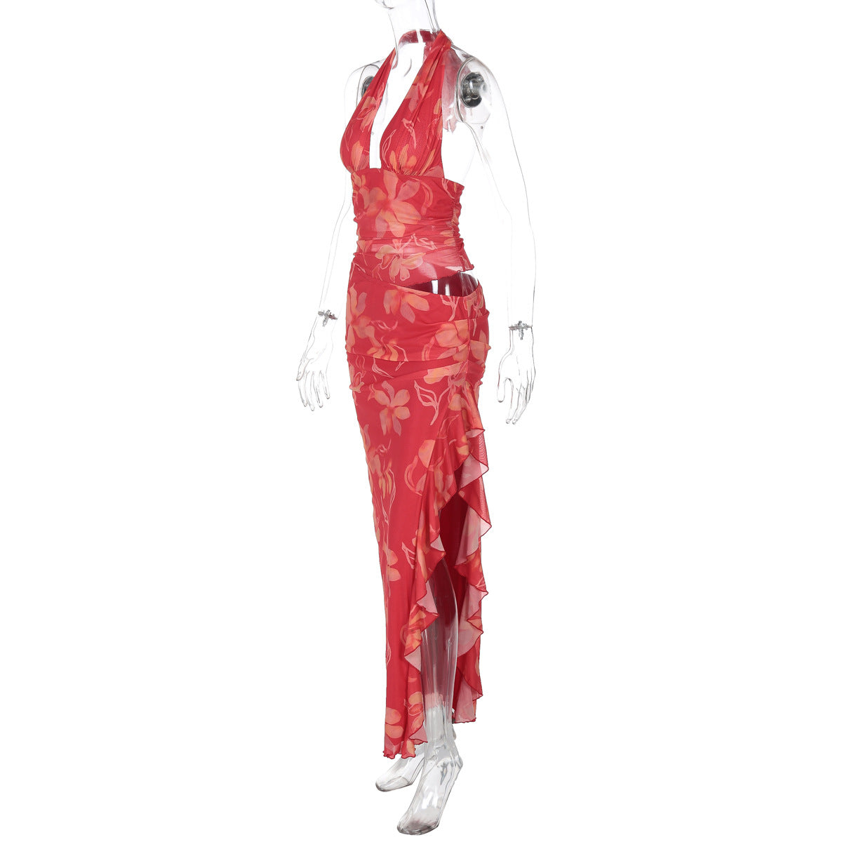 Arrival Women Clothing Sexy Deep V Plunge Wrapped Chest Stitching Cropped Outfit Long Wooden Ear Halter Dress Women