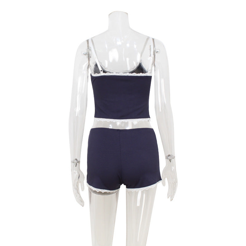 Sexy Women Clothing Summer Suspender Shorts Contrast Color Lace Edge Sexy Two Piece Sets Women