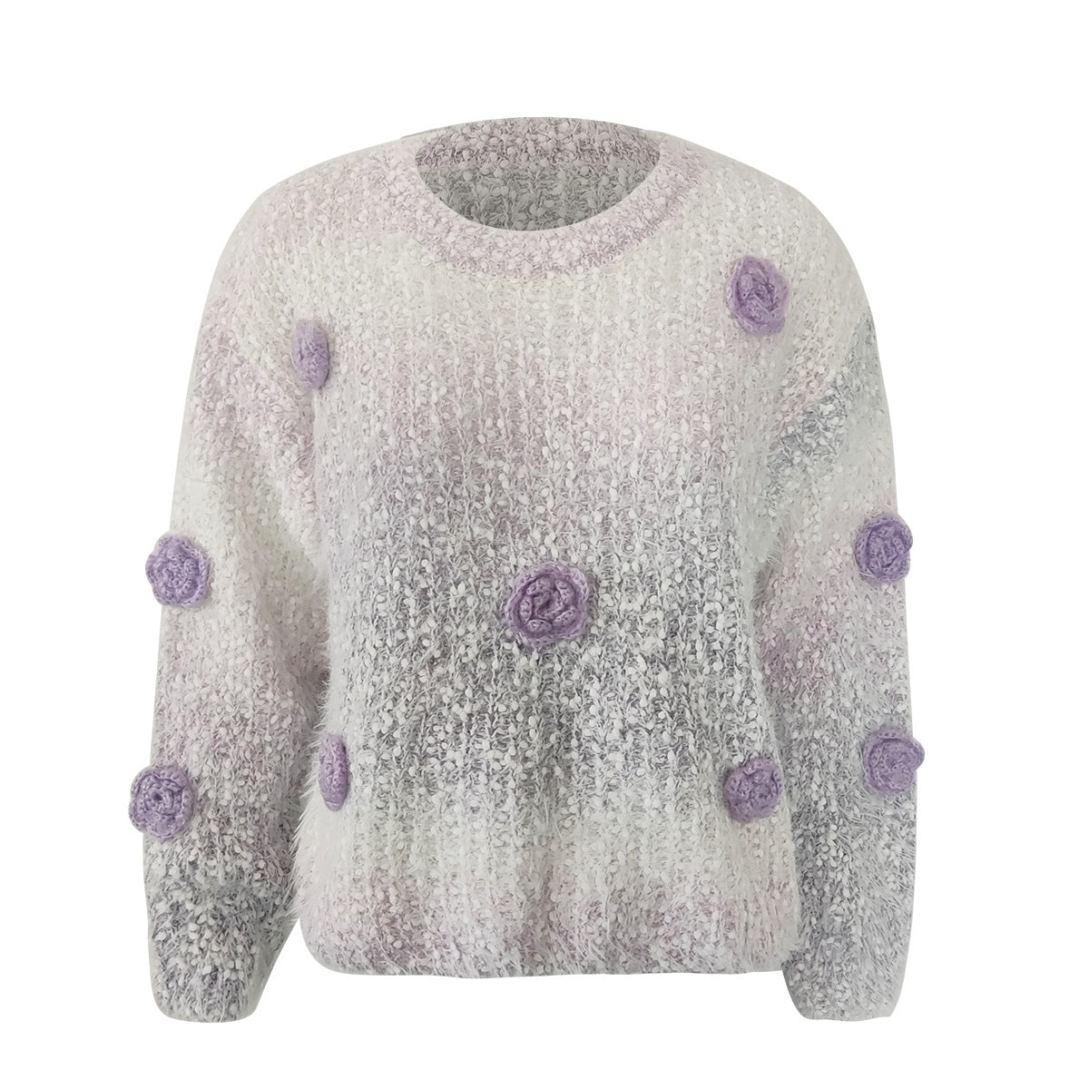 Autumn Winter round Neck Loose Three Dimensional Floral Gradient Sweater Sweet Youthful Looking Soft Glutinous Warm Beautiful Sweater