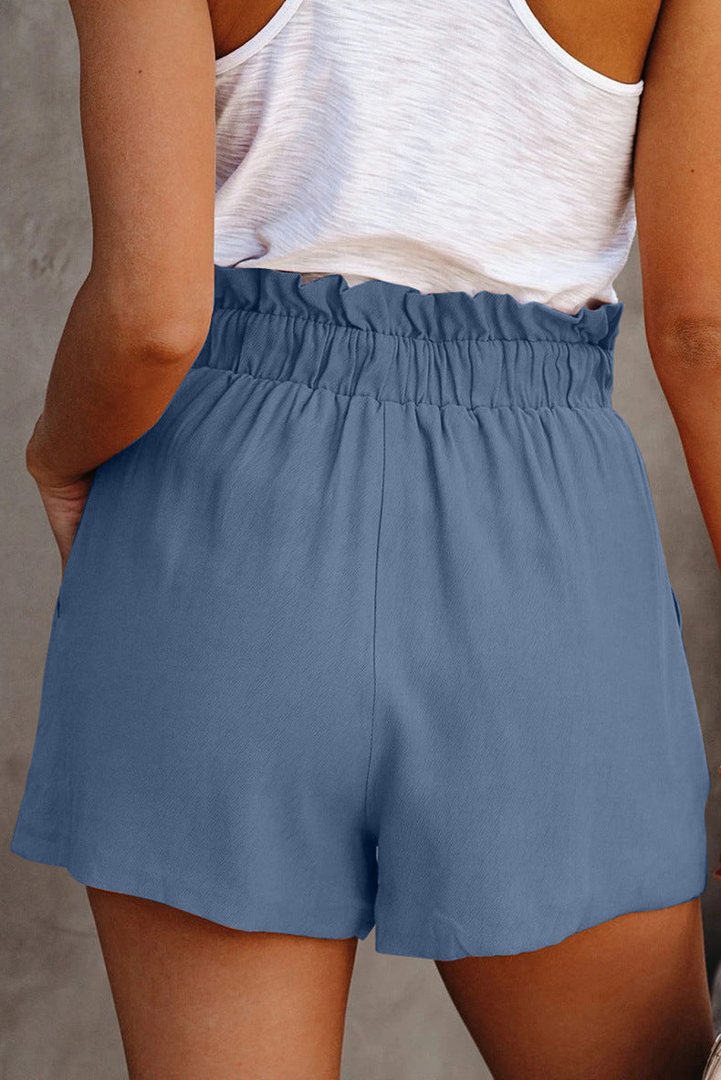Elastic Waistband Lace-up Solid Color Casual Pants Women Loose High Waist Simple Shorts Wide Leg Pants