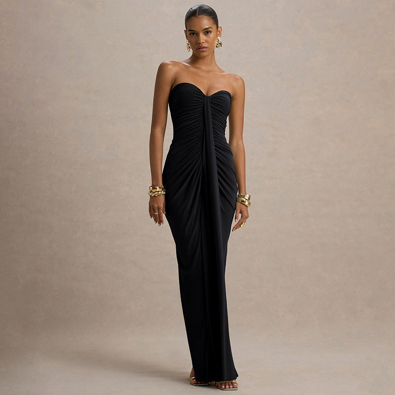 Women Clothing Autumn Arrival Solid Color Slim Fit Sweetheart Pleated Wrap Sleeveless Sleeve Length Dress