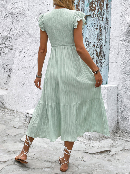 Summer V neck Split Fresh Light Green Texture Dress