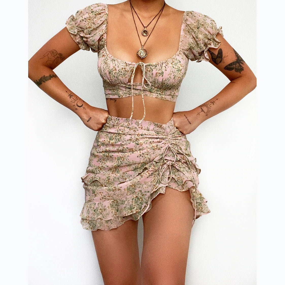 Spring Summer Floral Fresh Sweet U Neck Lace up Two Piece Sets Skirt