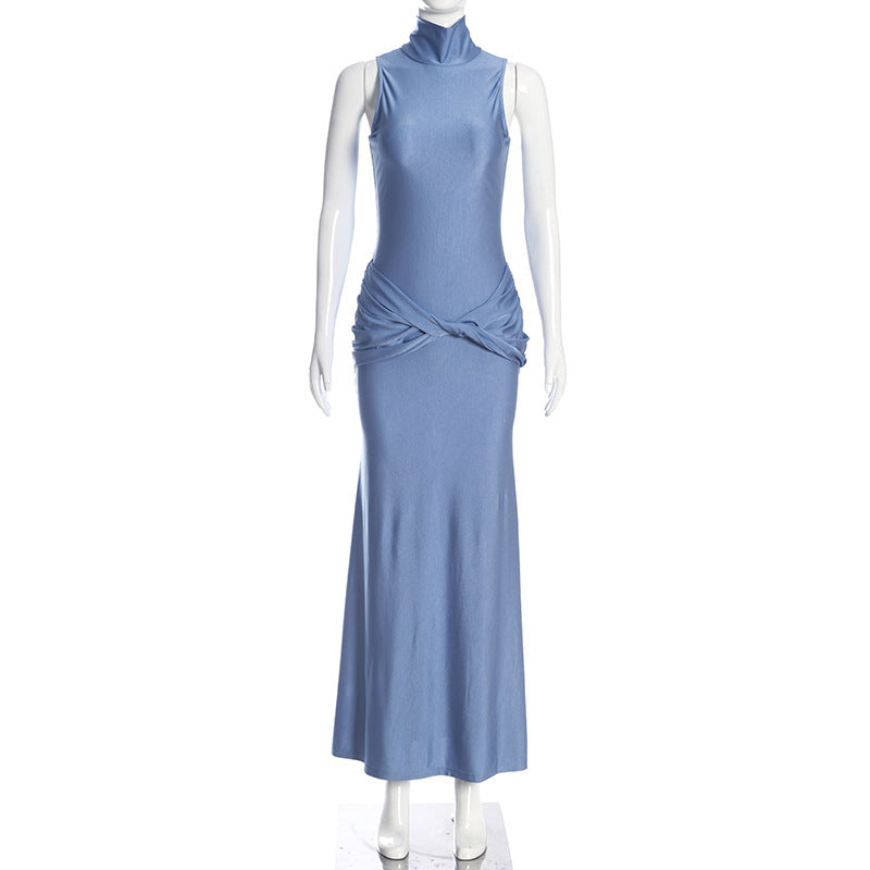 Spring Summer High Neck Sleeveless Tight Waist Pleating Twisted Sheath Long Fishtail Dress