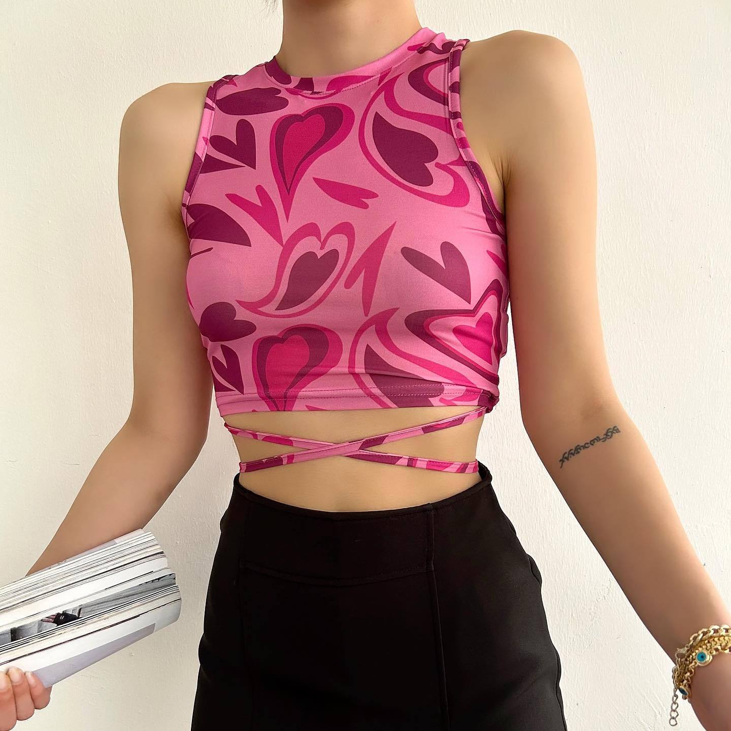 Irregular Asymmetric Pattern Print Vest Women Summer Strap Small Top Cropped Sexy Tight Vest