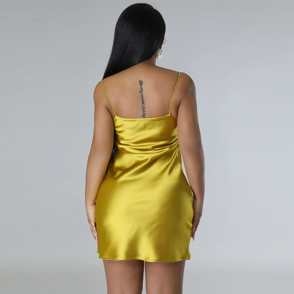 Women Clothing Solid Color Backless Dress Artificial Silk Sexy Swing Collar Sling Dress