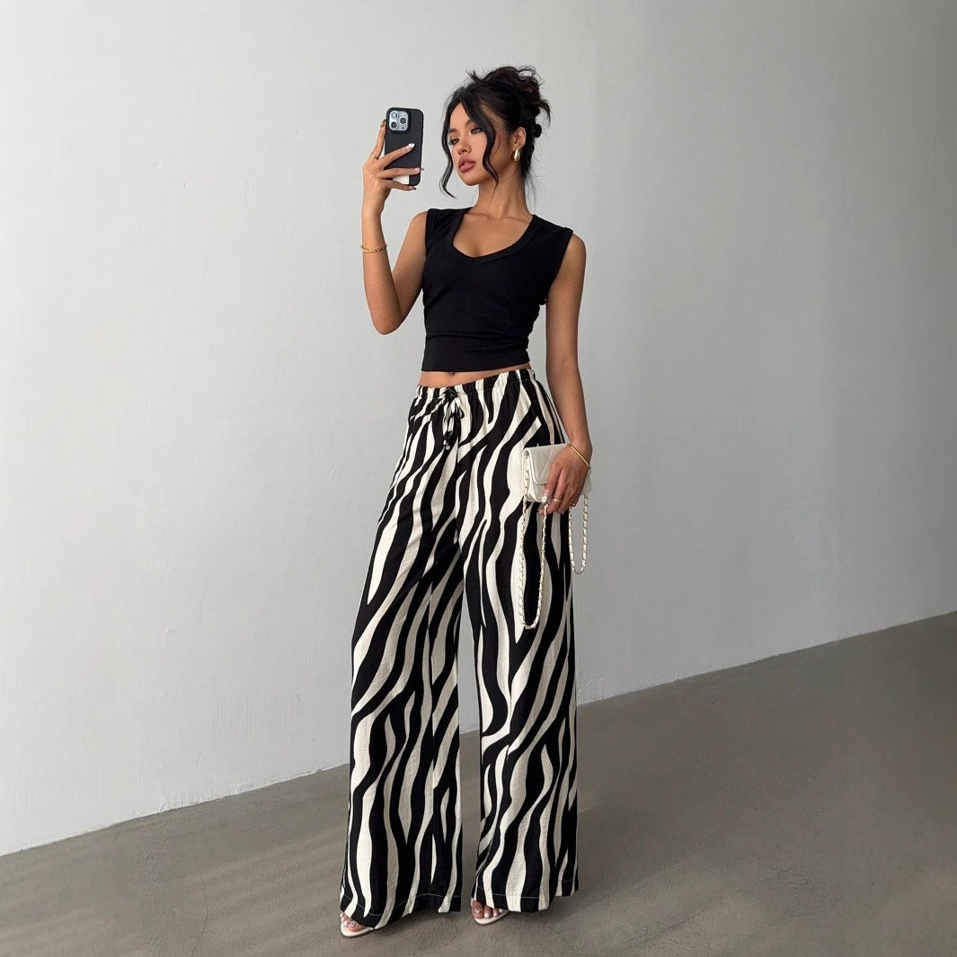 Straight Pants Sexy Zebra Print Bootcut Pants Low Waist Drawstring Casual Pants