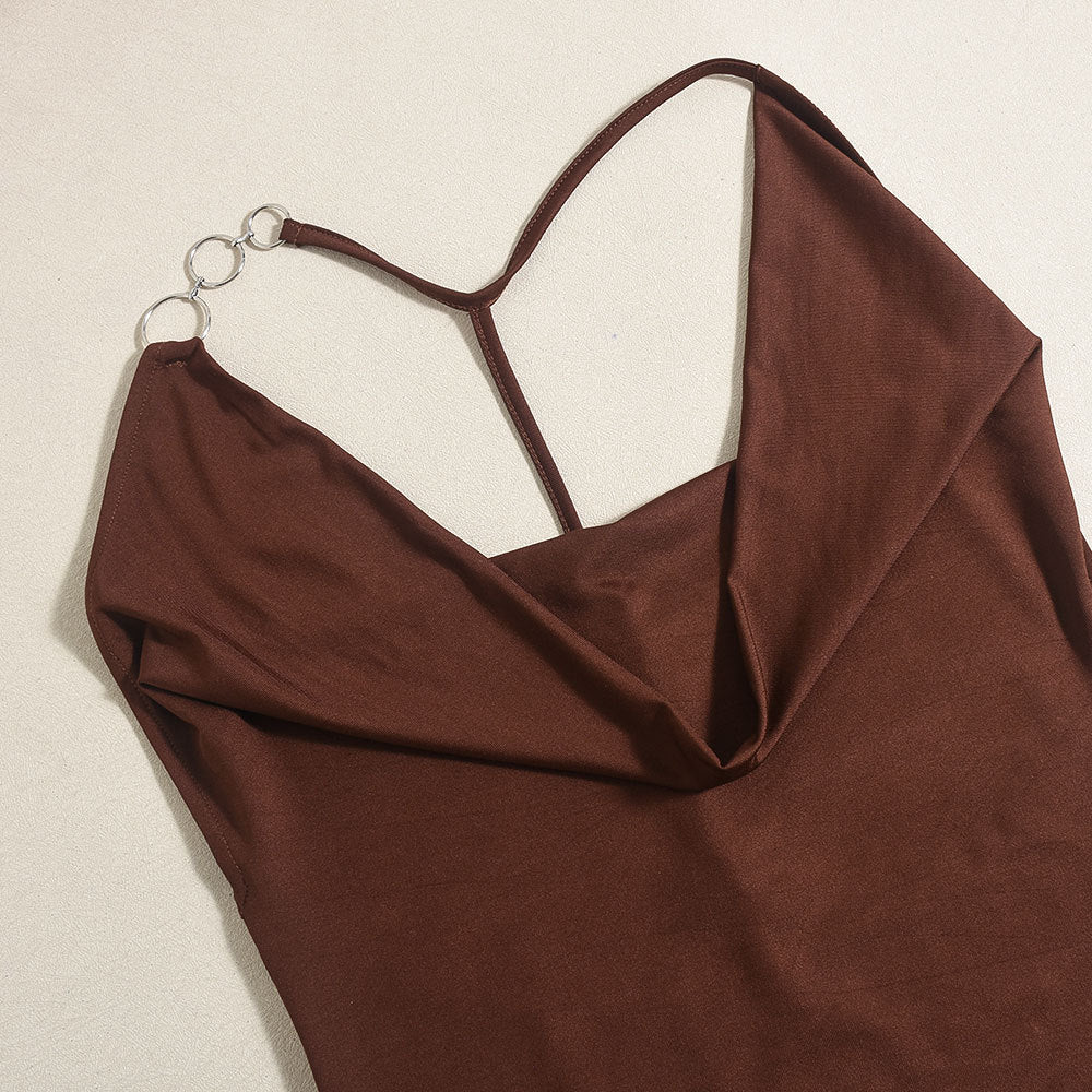 Women Clothing Sexy Slim Strap Deep V Plunge Swing Collar Backless Sheath Dress