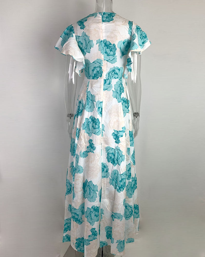 Arrival Women Clothing Summer Office V neck Waist Trimming Printing Large Swing Dress