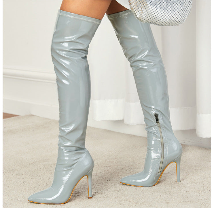 Heels High Heel Soft Patent Leather Zipper Outdoor Stretch Knee Pointed Boots Multicolor