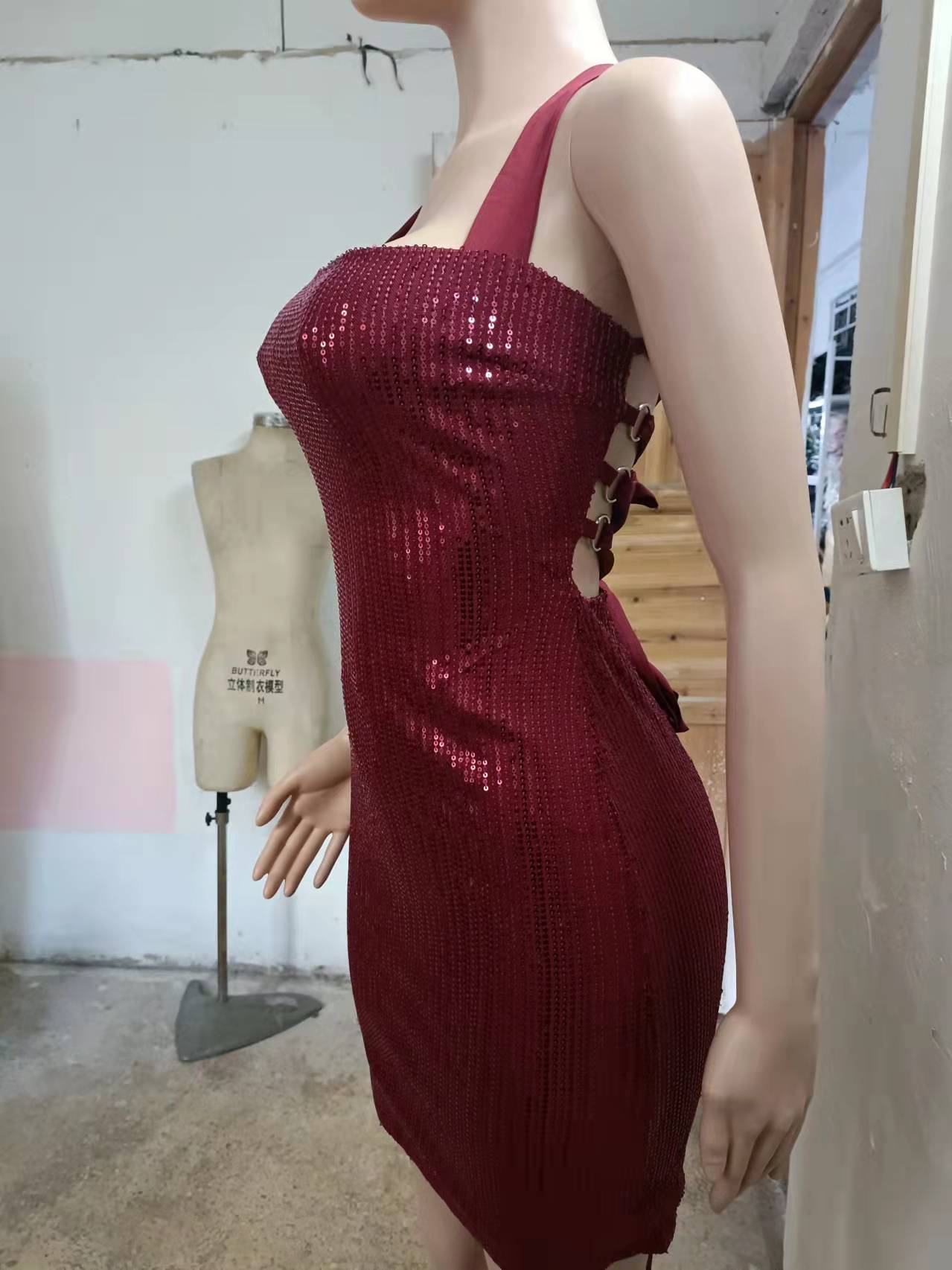 Women Clothing Autumn Winter Sequined Tight Strapless Sling Sexy Backless Lace Up Dress