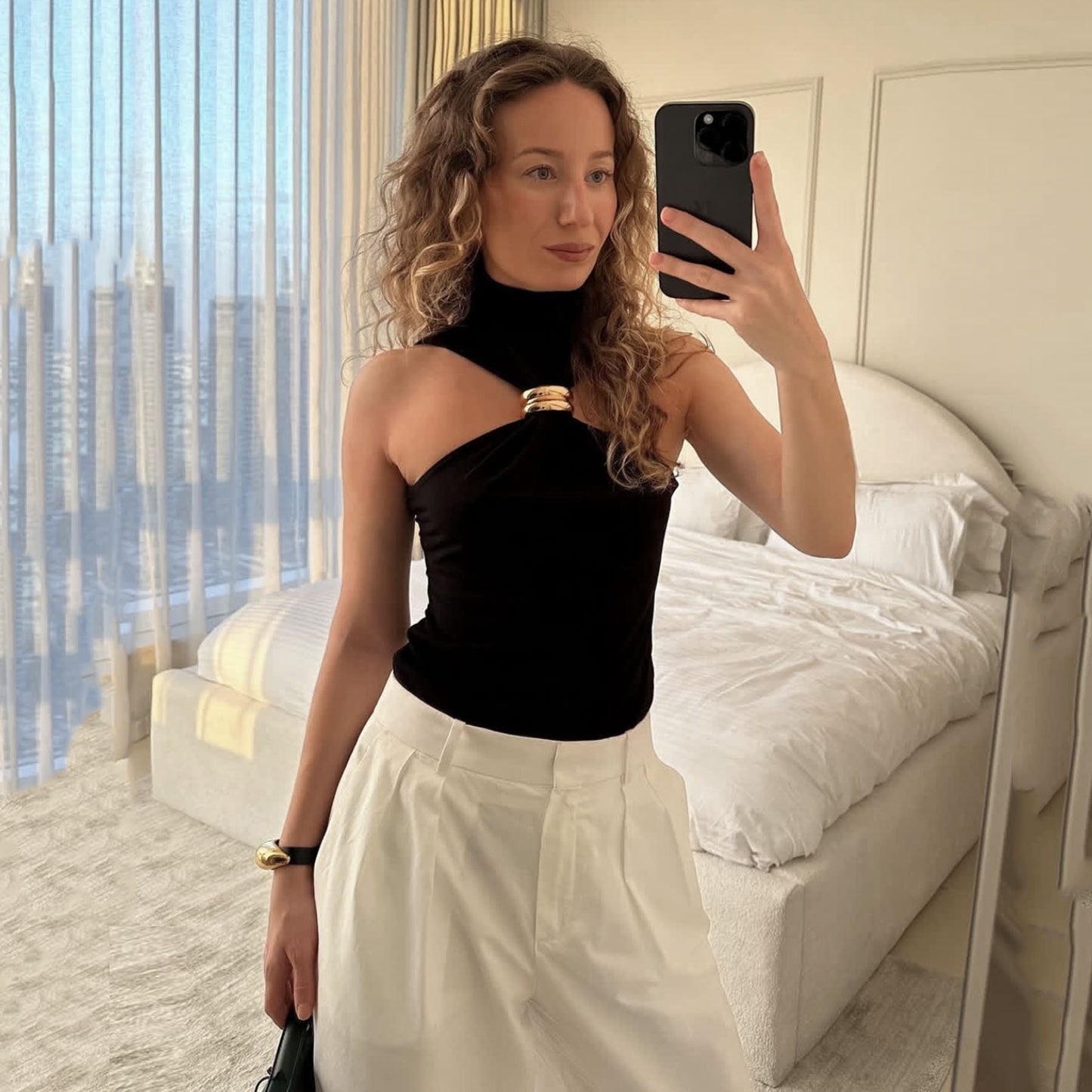 Spring Summer Women Gold Ring Sleeveless Cold Shoulder Stretch Top