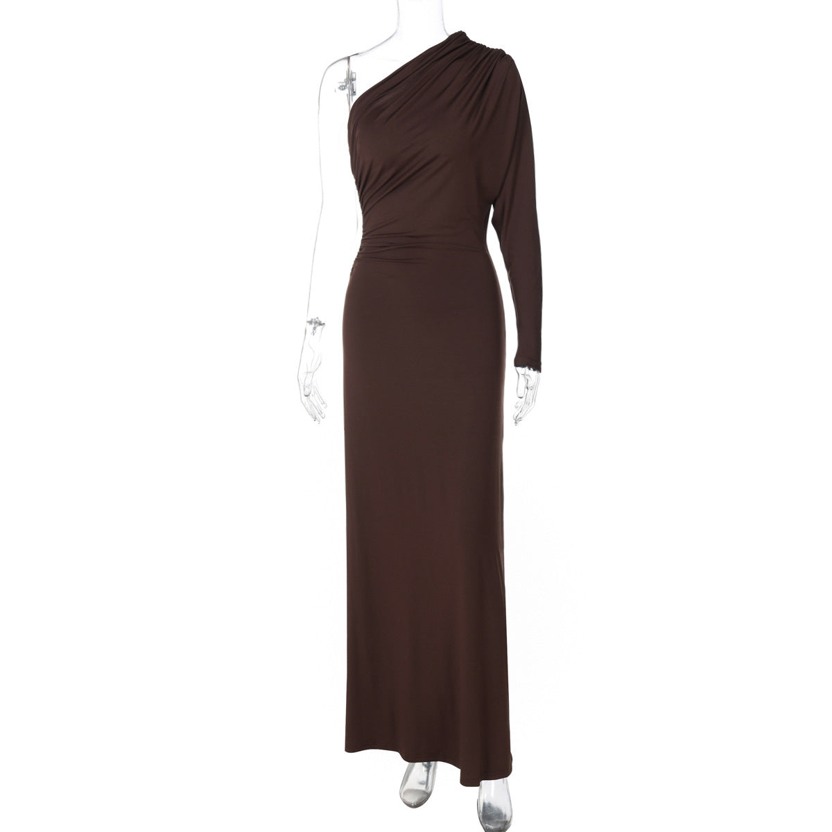 Women Clothing Autumn Fashionable Irregular Asymmetric off Shoulder Single Sleeve Pleated Maxi Dress